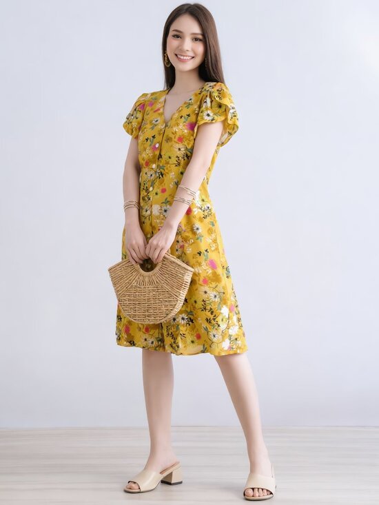 Velvet by Graham & Spencer Dresses & Skirts - Velvet Graham Spencer Yellow Floral Button Front Mini Dress XS Viscose Cottage